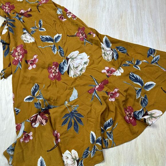 Lulu's Love & Light Mustard Yellow Floral Print Midi Romantic Faux Wrap Dress XS - Picture 12 of 16